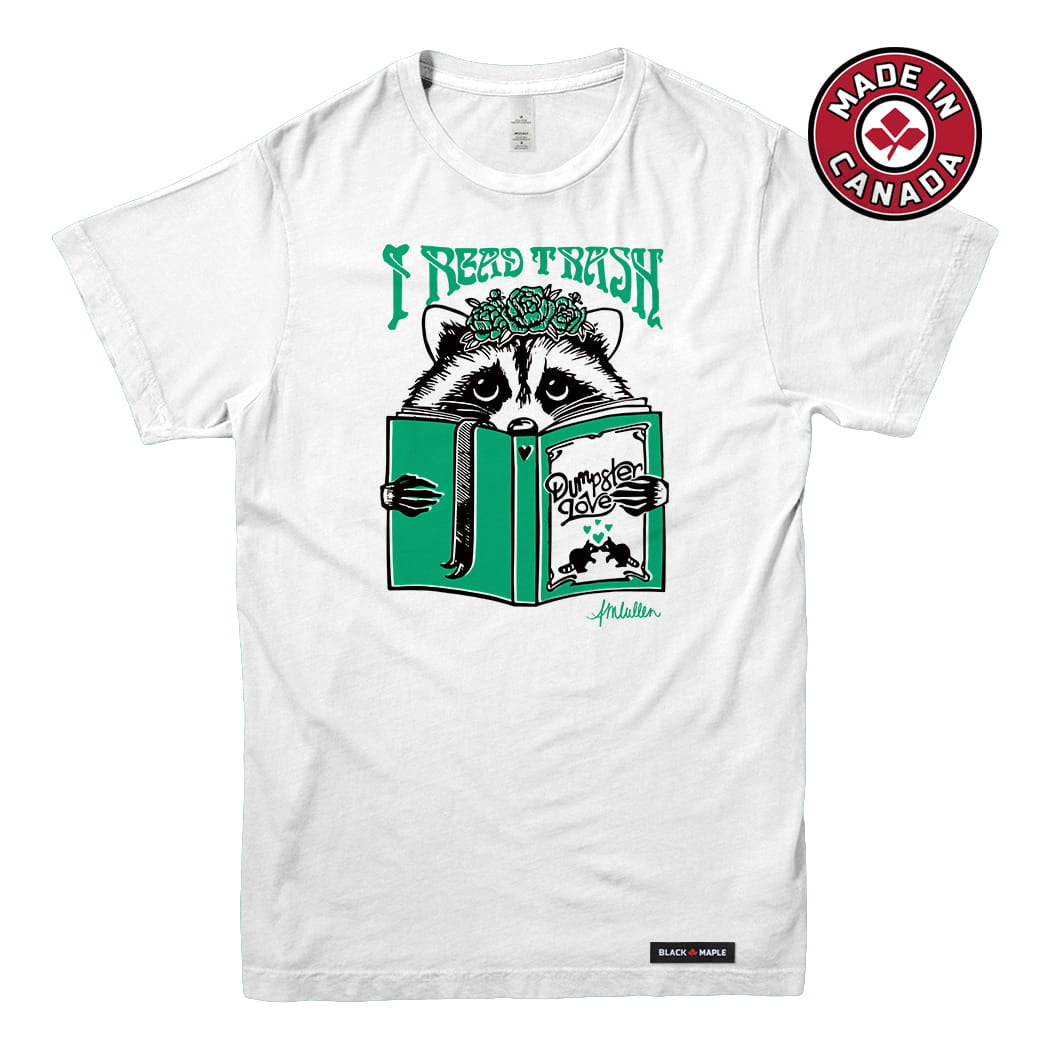 Anna M. Cullen x Black Maple Trading - Artist Collab: Raccoon Reading Trash T-shirt