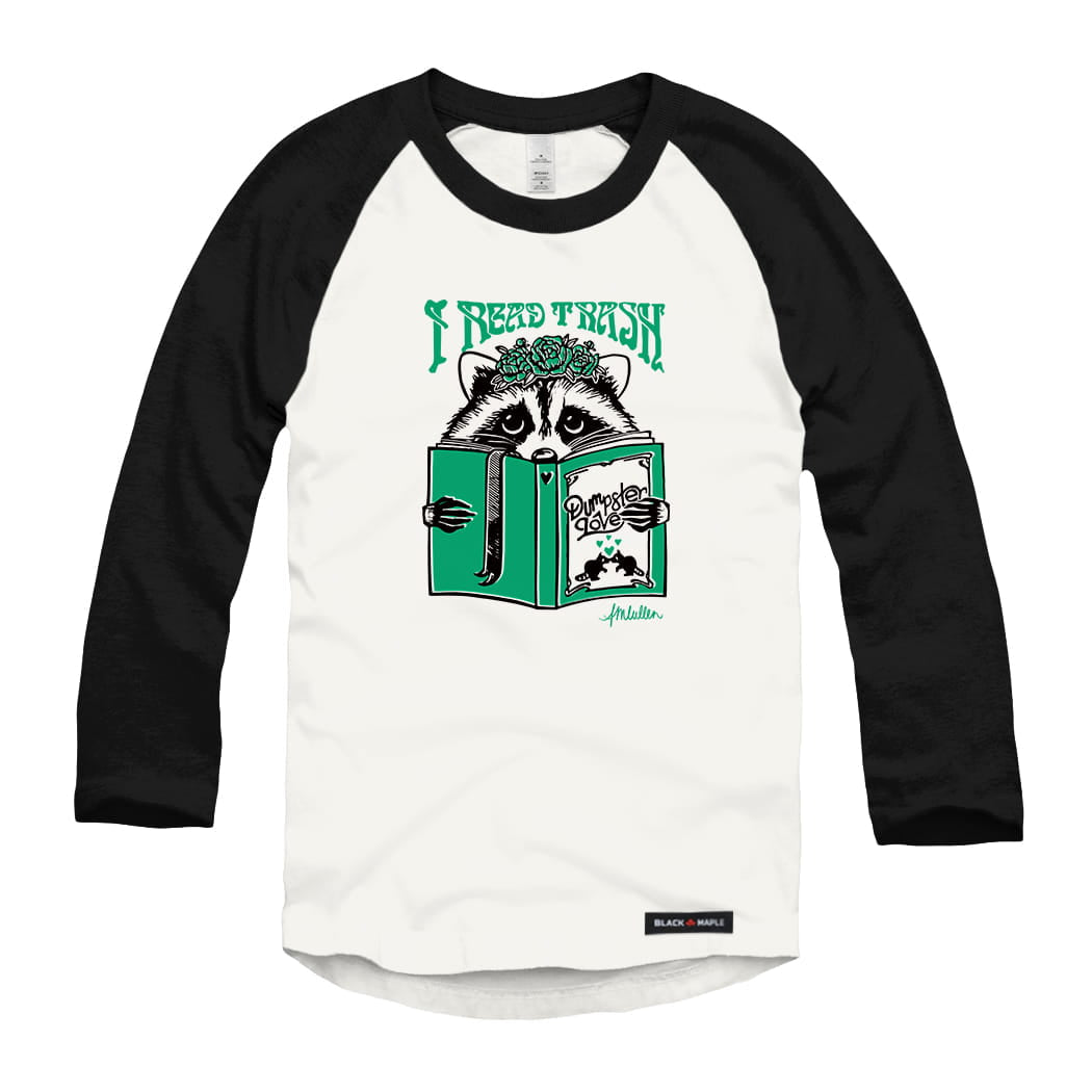 Anna M. Cullen x Black Maple Trading - Artist Collab: Raccoon Reading Trash Raglan Baseball Shirt