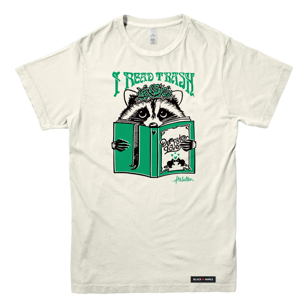 Anna M. Cullen x Black Maple Trading - Artist Collab: Raccoon Reading Trash T-shirt