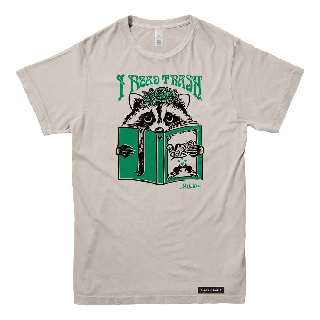 Anna M. Cullen x Black Maple Trading - Artist Collab: Raccoon Reading Trash T-shirt