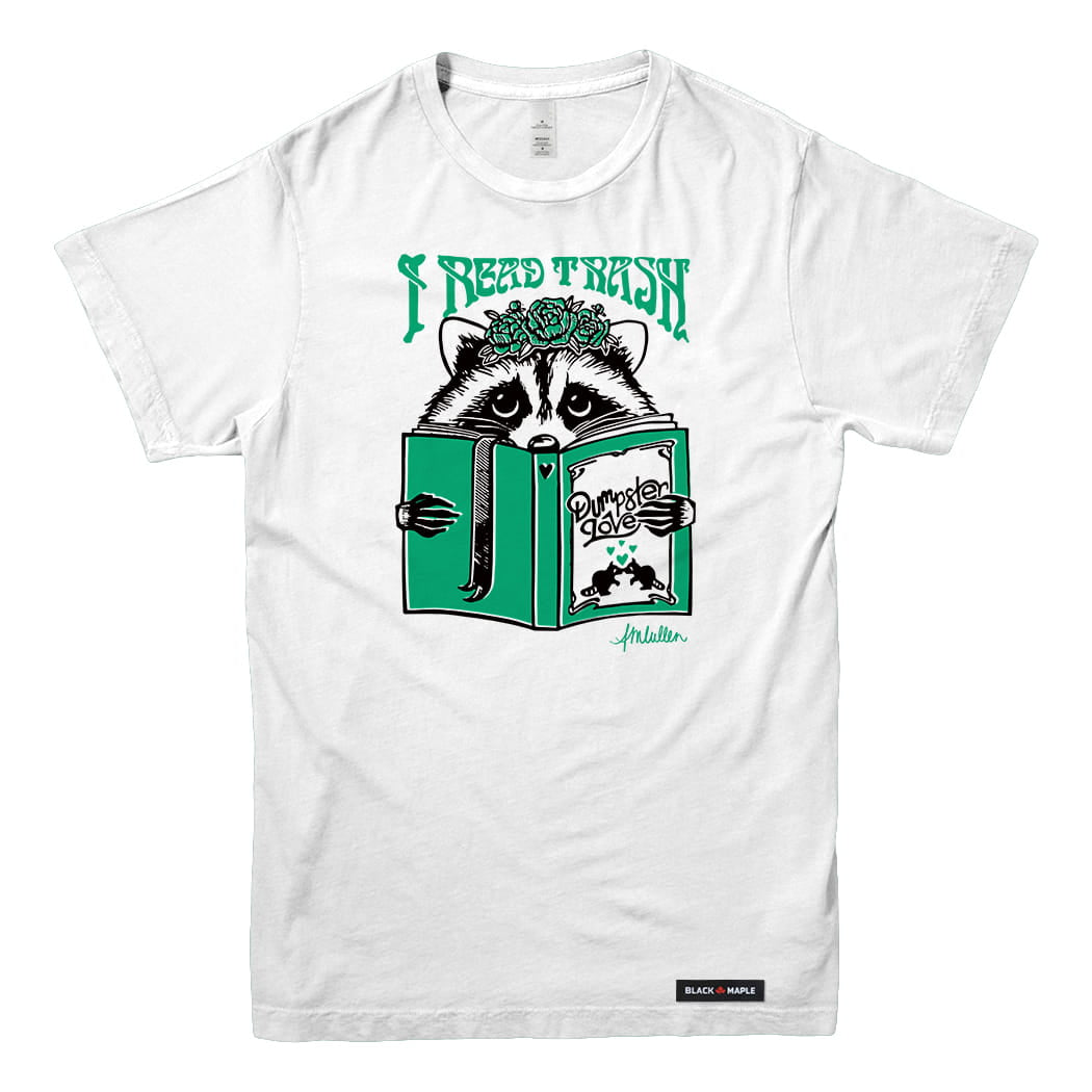 Anna M. Cullen x Black Maple Trading - Artist Collab: Raccoon Reading Trash T-shirt
