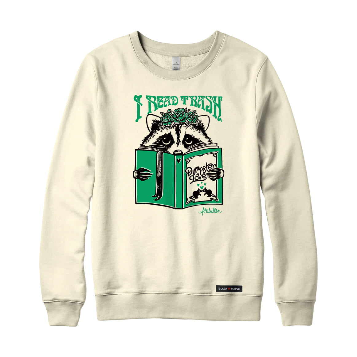 Anna M. Cullen x Black Maple Trading - Artist Collab: Raccoon Reading Trash Sweatshirt or Hoodie